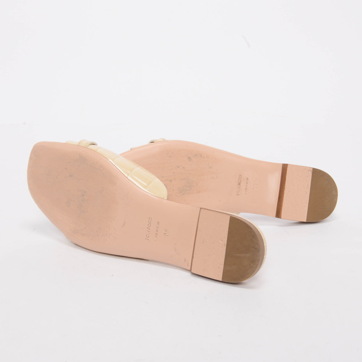 Tom Ford Beige Patent Croc Open Toe Flats 39