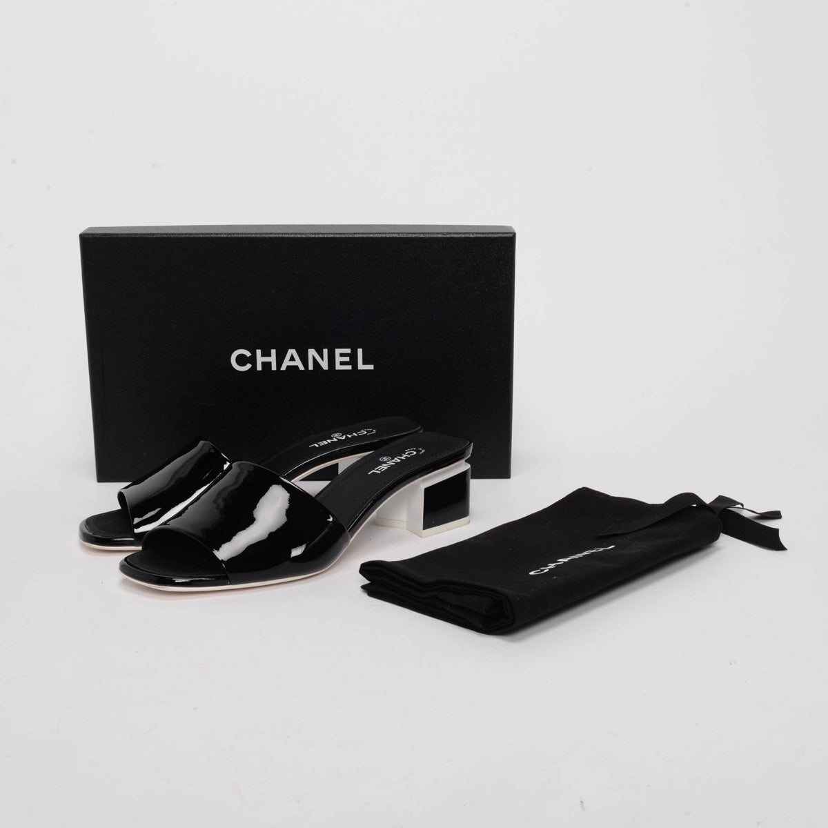 Chanel Black Patent CC Mules 37