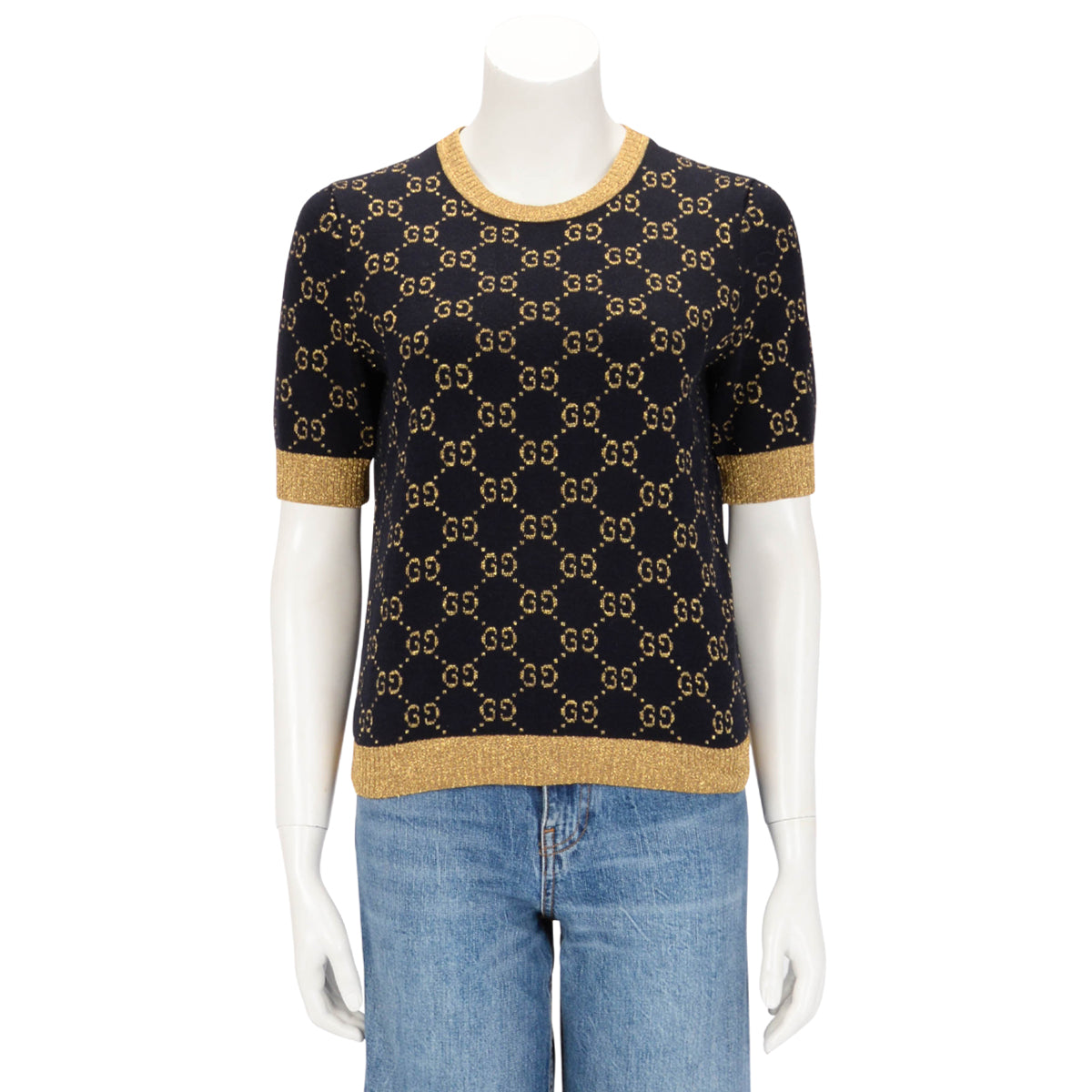 Gucci Navy & Gold Lurex Knit GG Monogram Top M