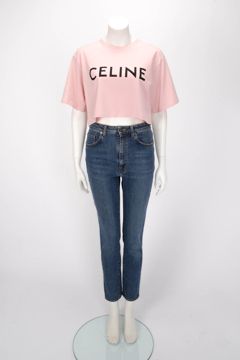 Celine Pink Cotton Logo Cropped T-Shirt M