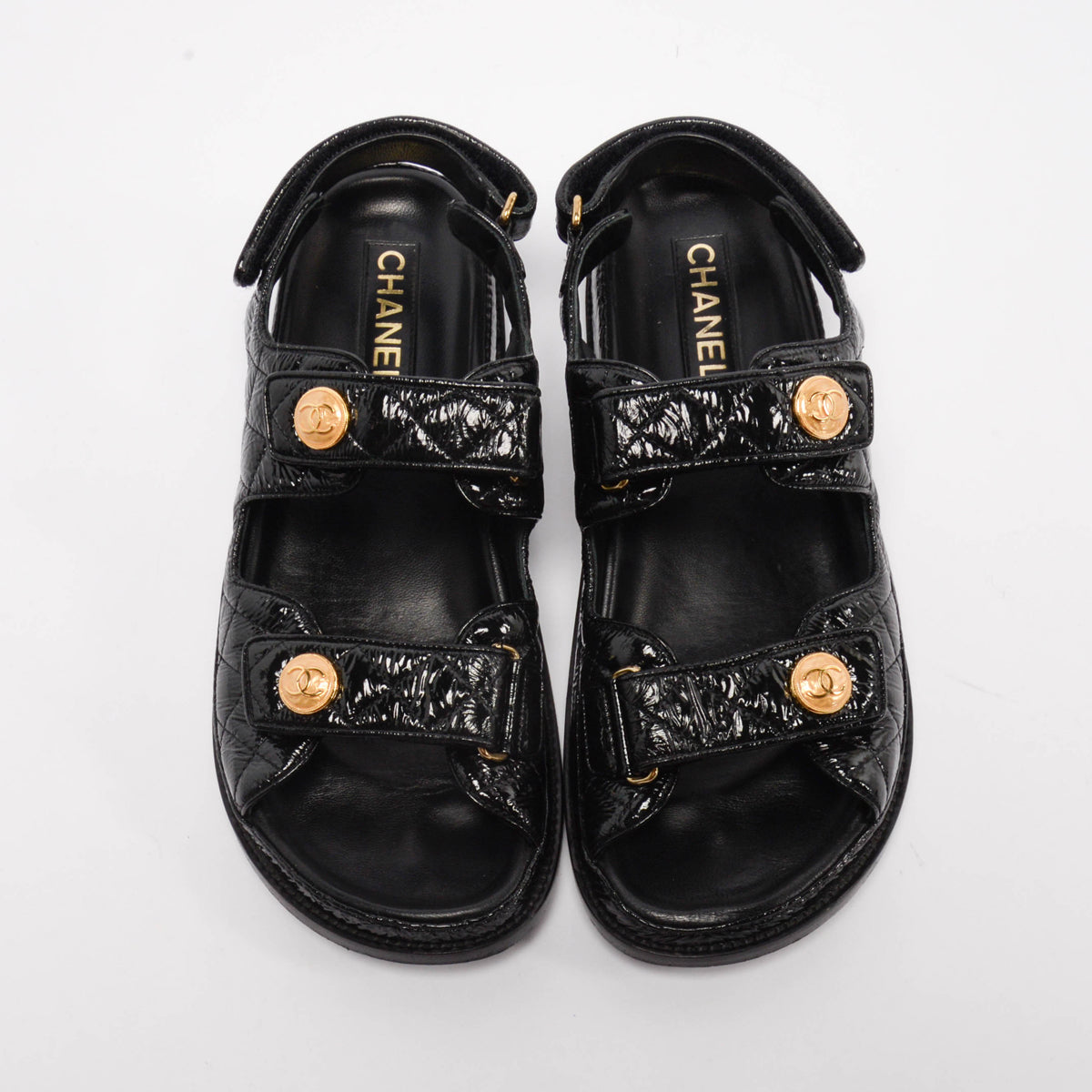 Chanel Black Crinkled Patent Dad Sandals 41.5