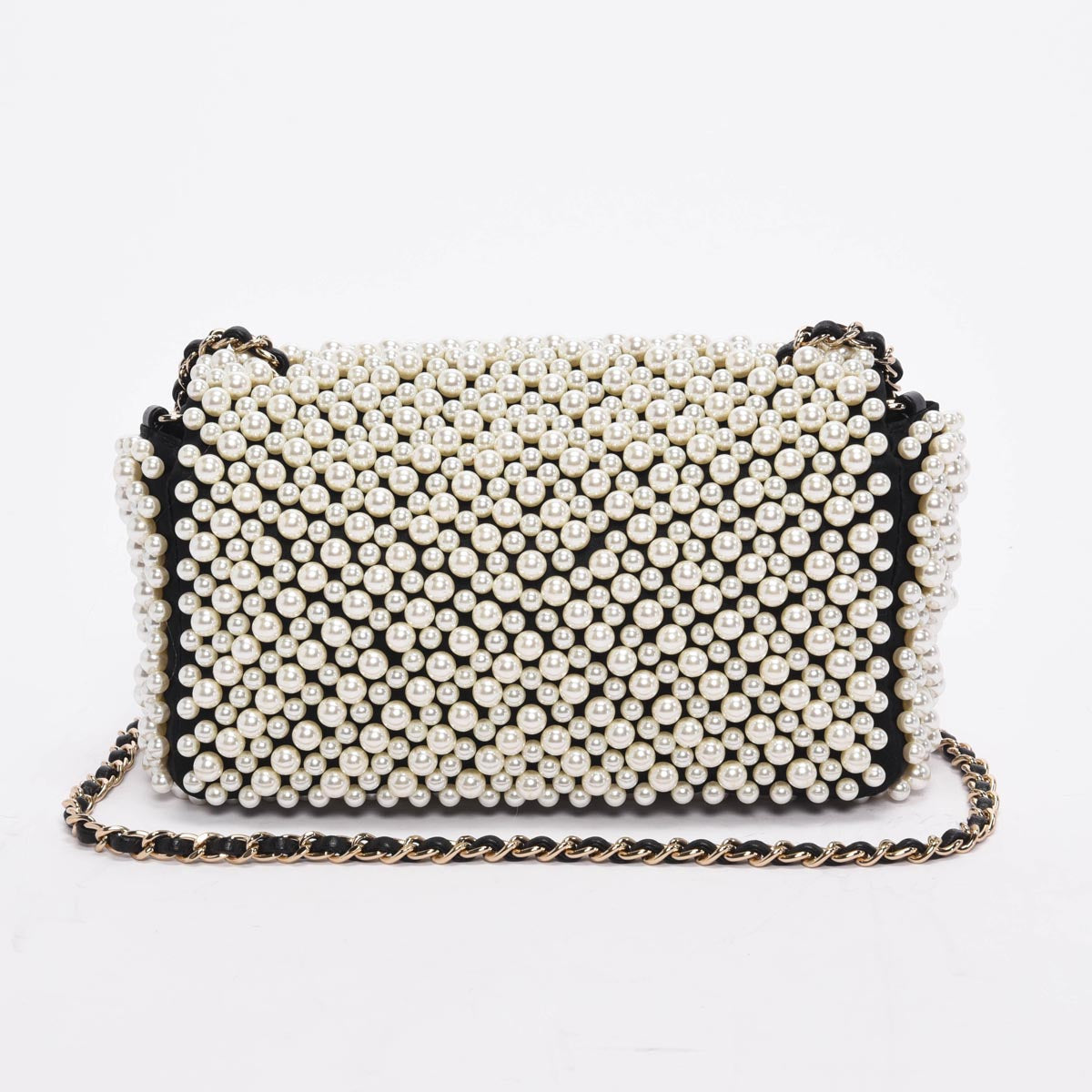 Chanel Black Satin & Lambskin Pearl On Flap Bag