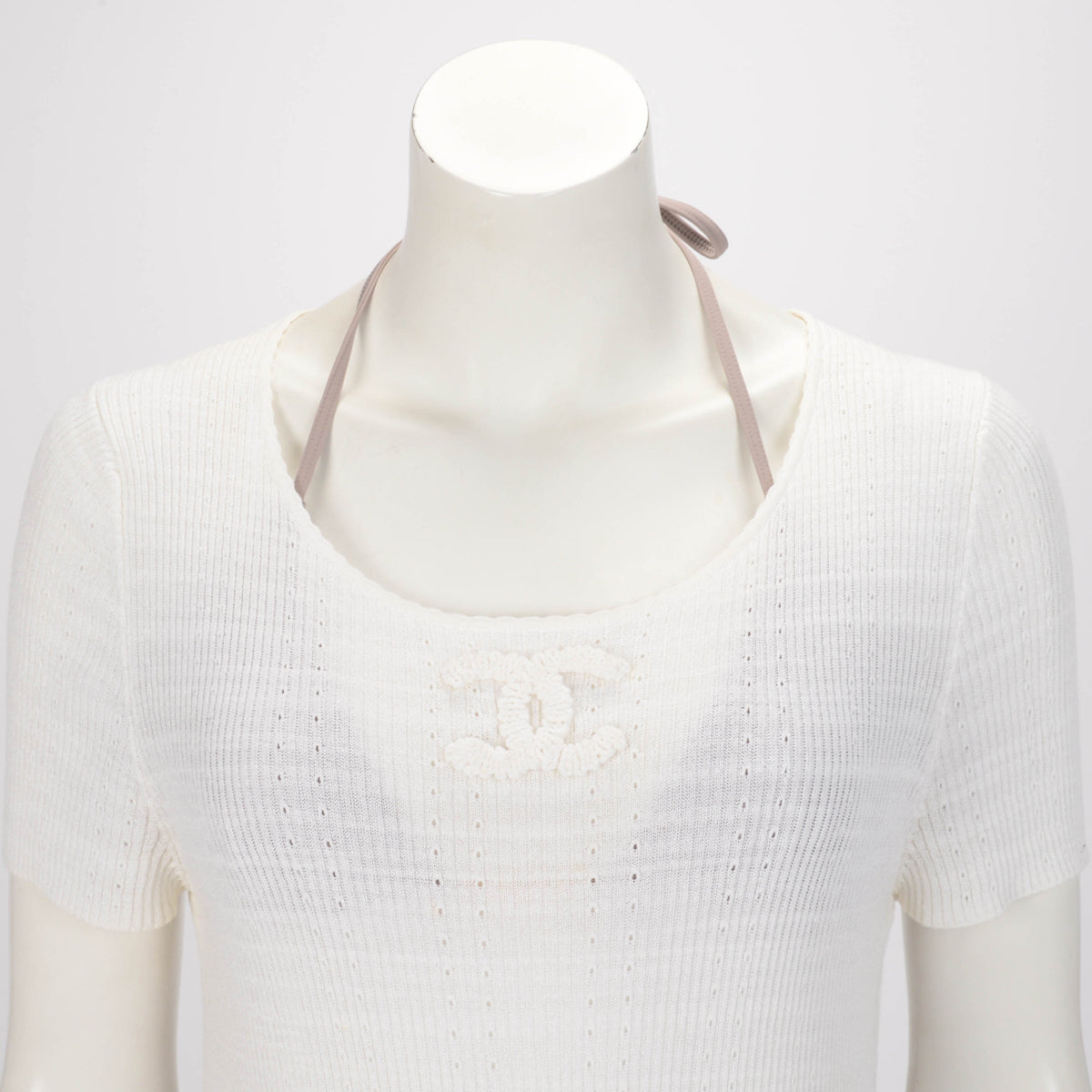 Chanel Ivory Cotton Pointelle CC Top FR 48