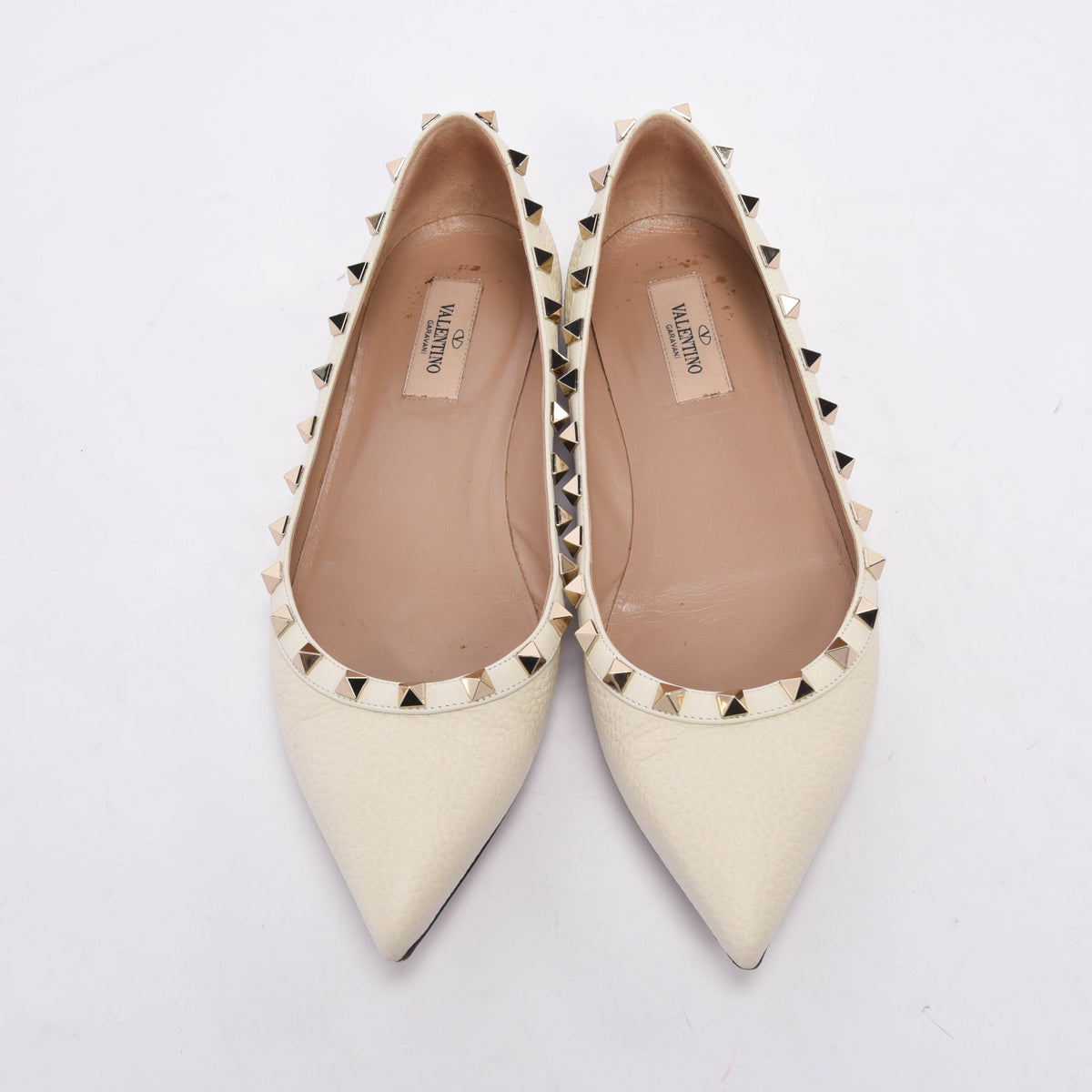 Valentino Cream Grained Calfskin Rockstud Ballerina Flats 39
