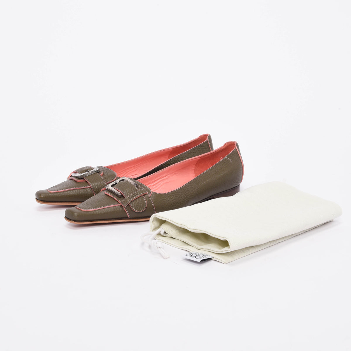 Loewe Khaki & Coral Calfskin Buckle Flats 36