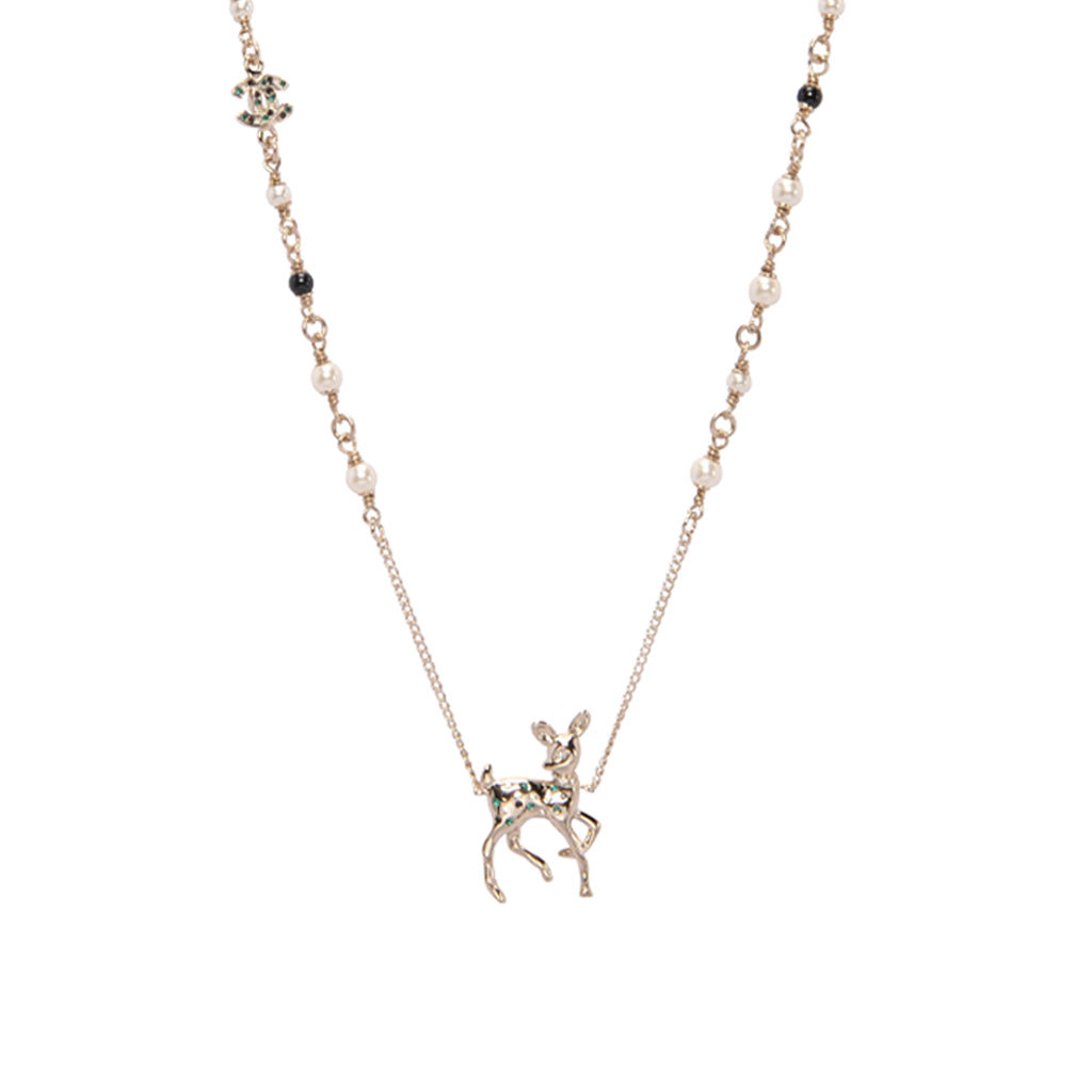 Chanel Light Gold Pearl & Crystal Doe Pendant Necklace