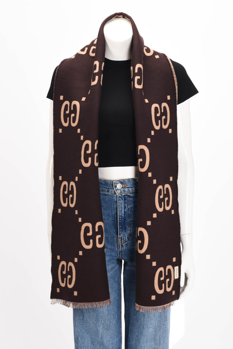 Gucci Beige & Brown Wool Silk GG Jacquard Scarf
