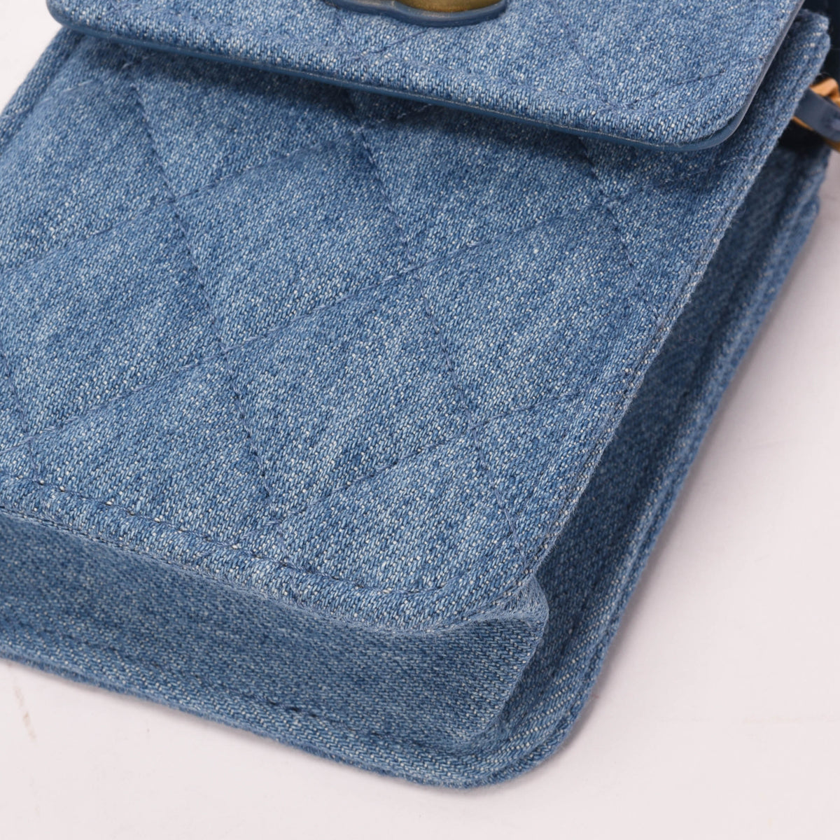 Chanel Blue Quilted Denim Flap Clutch With Chain