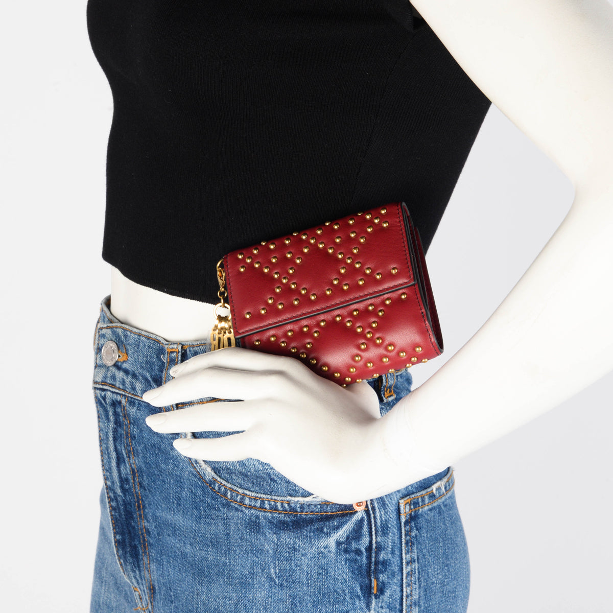 Dior Burgundy Cannage Calfskin Studded Lady Dior Coin Purse