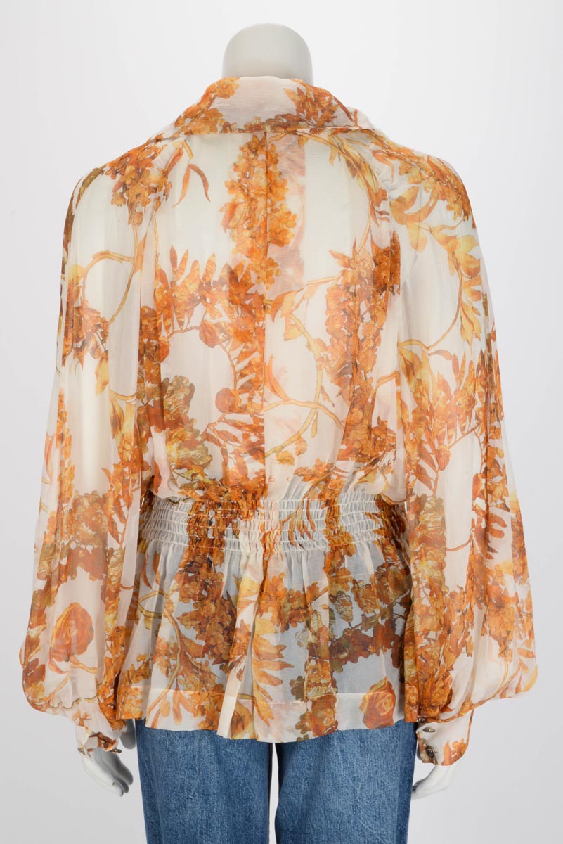 Chanel Cream Floral Silk Chiffon Shirred Waist Blouse FR 46
