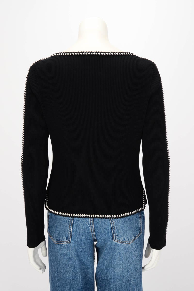 Chanel Black Knit CC Braided Trim Long Sleeve Top FR 44