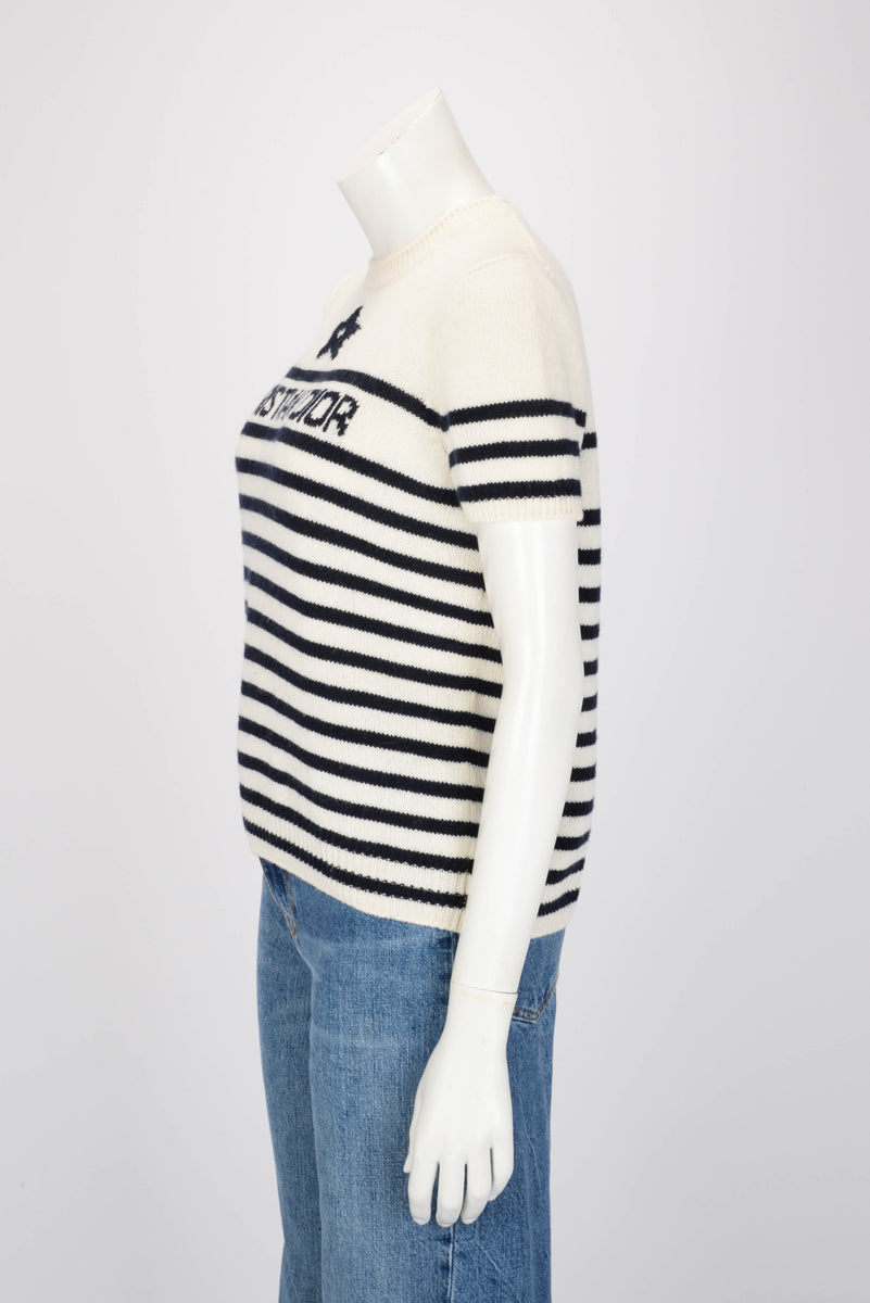 Dior Ecru & Navy Cashmere Knit Dioriviera Short Sleeve Sweater FR 42