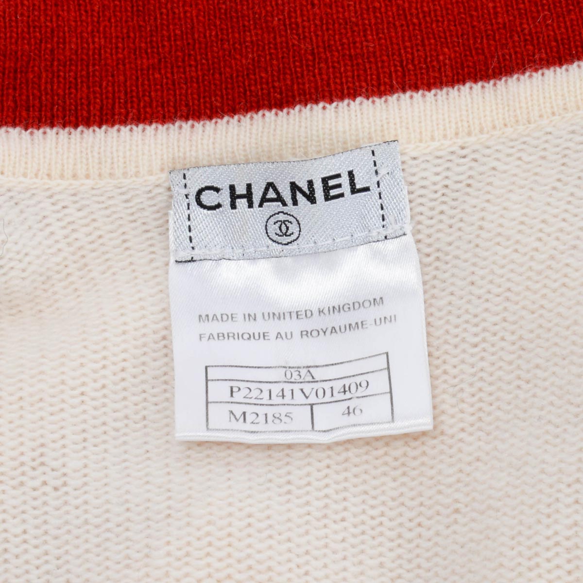 Chanel Ecru & Red Cashmere Open Cardigan FR 46