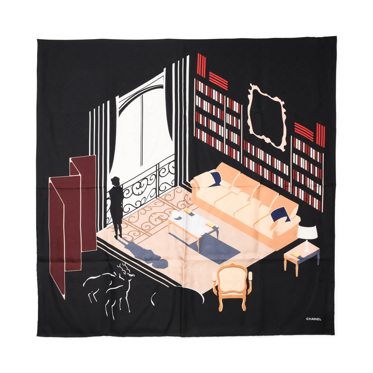 Chanel Black Printed Silk Parisian Apartment Scarf