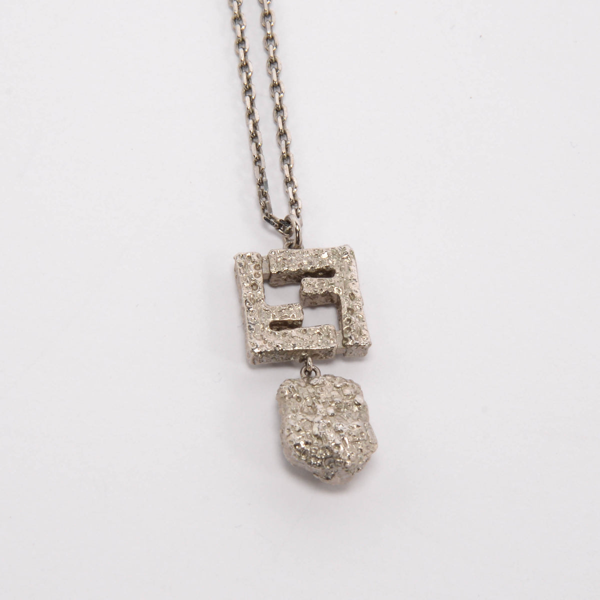 Fendi Silver Hammered Metal FF Drop Pendant Necklace