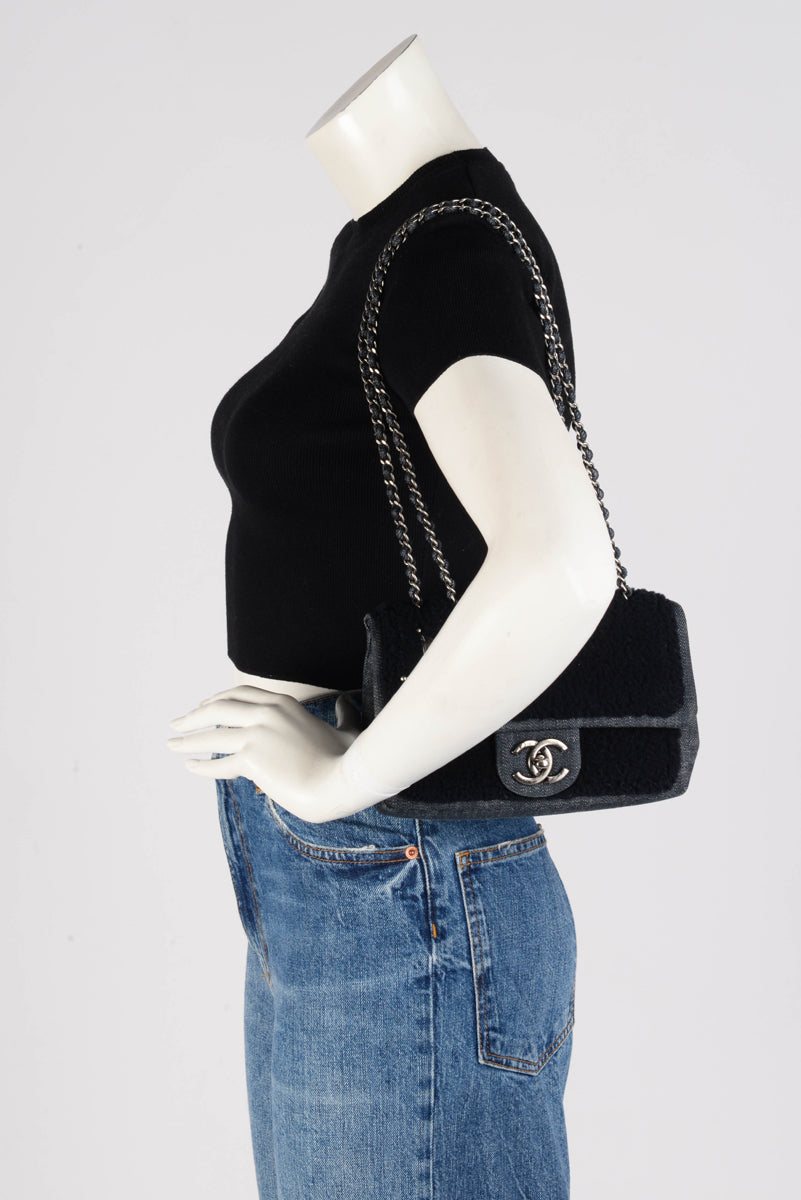 Chanel Navy Denim & Shearling Paris to Dallas Small Flap Bag
