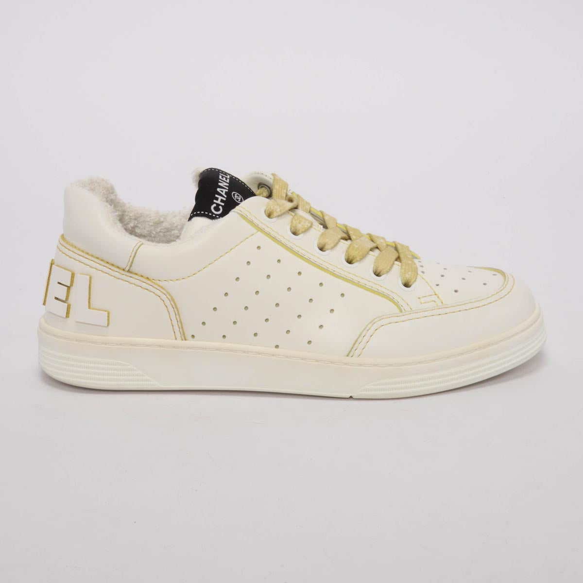 Chanel White & Yellow Calfskin Logo Sneakers 37.5