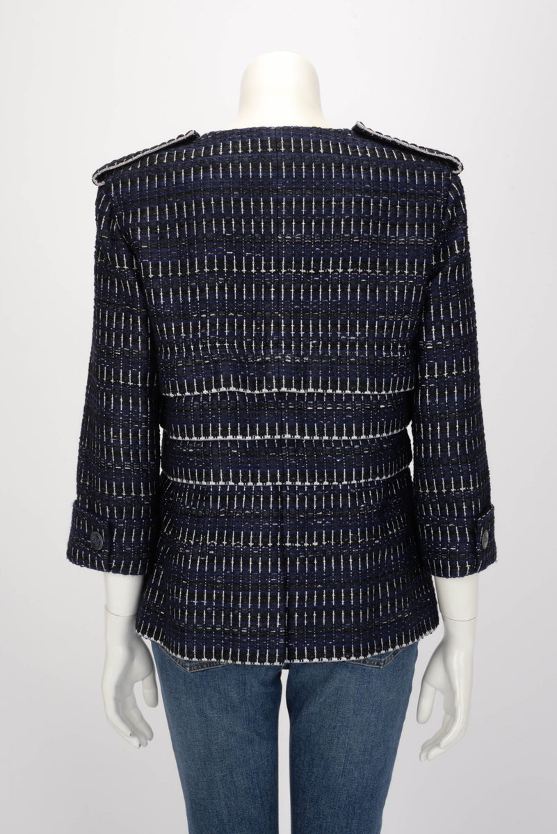 Chanel Blue & Black Striped Tweed Military Style Jacket FR 42