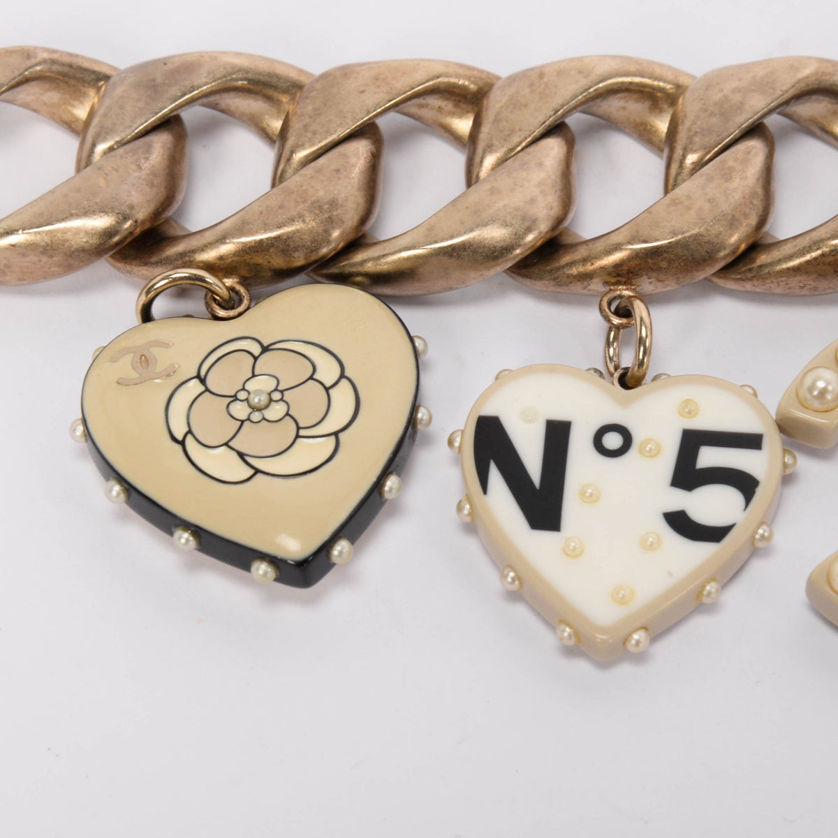 Chanel Light Gold Enamel & Pearl CC Motif Bracelet