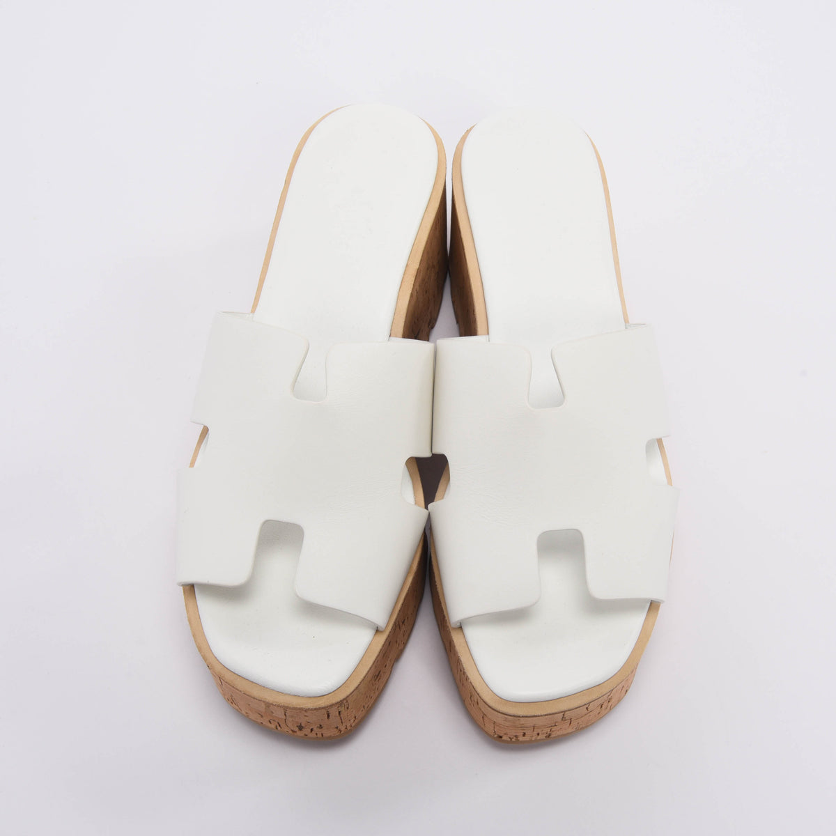 Hermes White Calfskin & Cork Eze 30 Wedges 40
