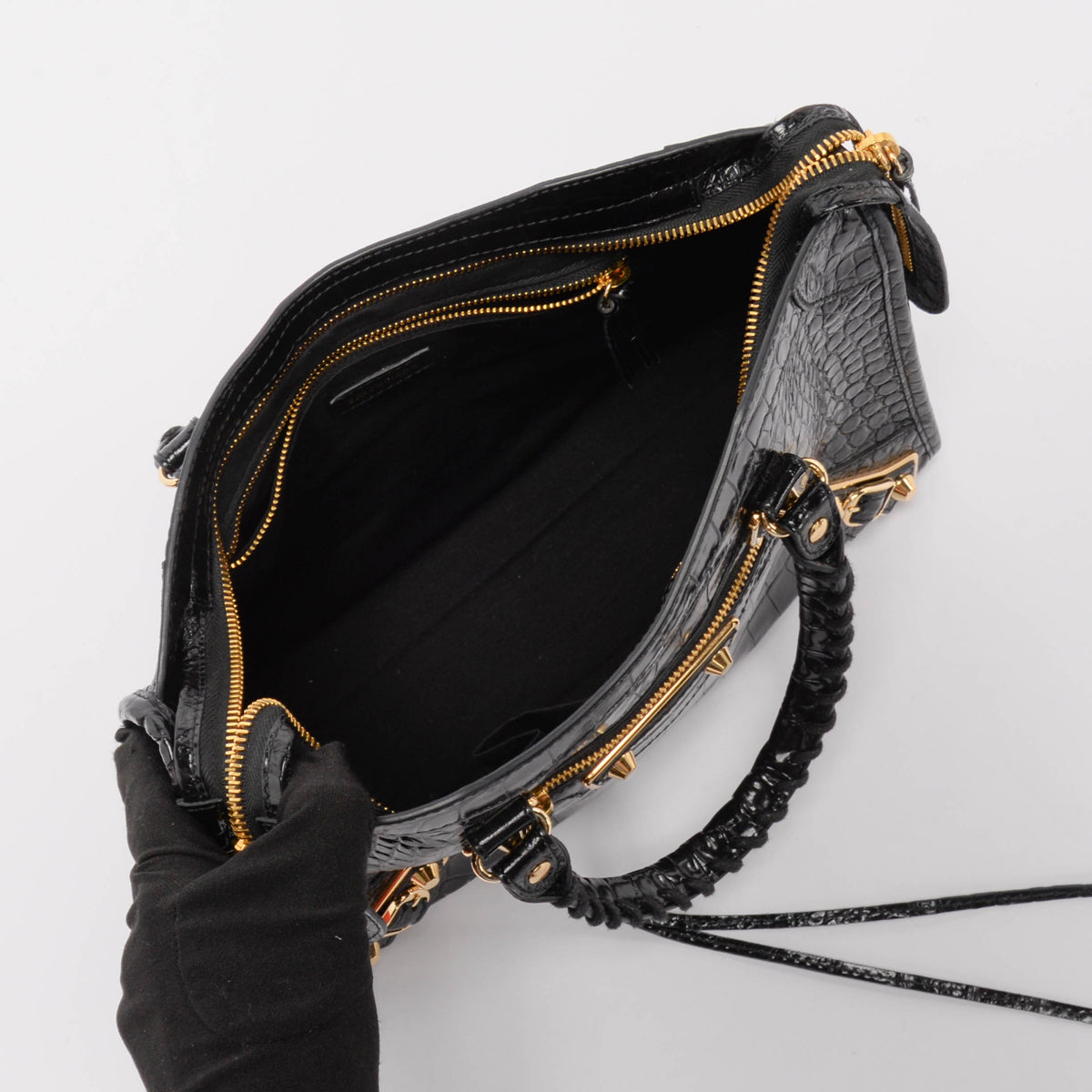 Balenciaga Black Croc Embossed Metallic Edge Small City Bag