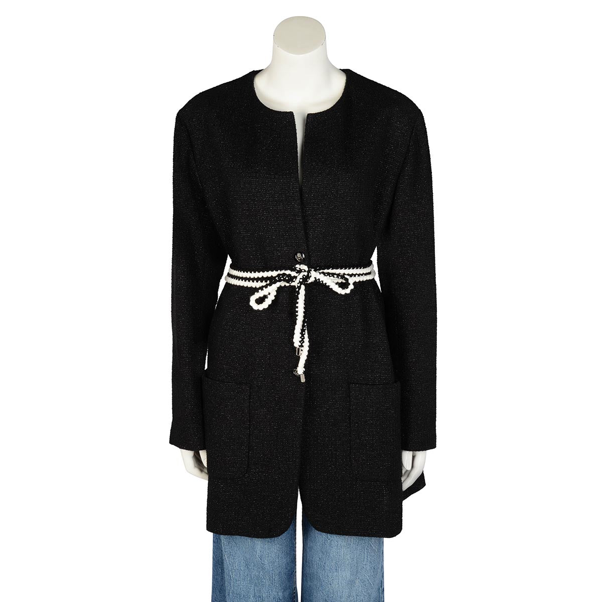 Chanel Black Lurex Tweed Braided Belt Jacket FR 50