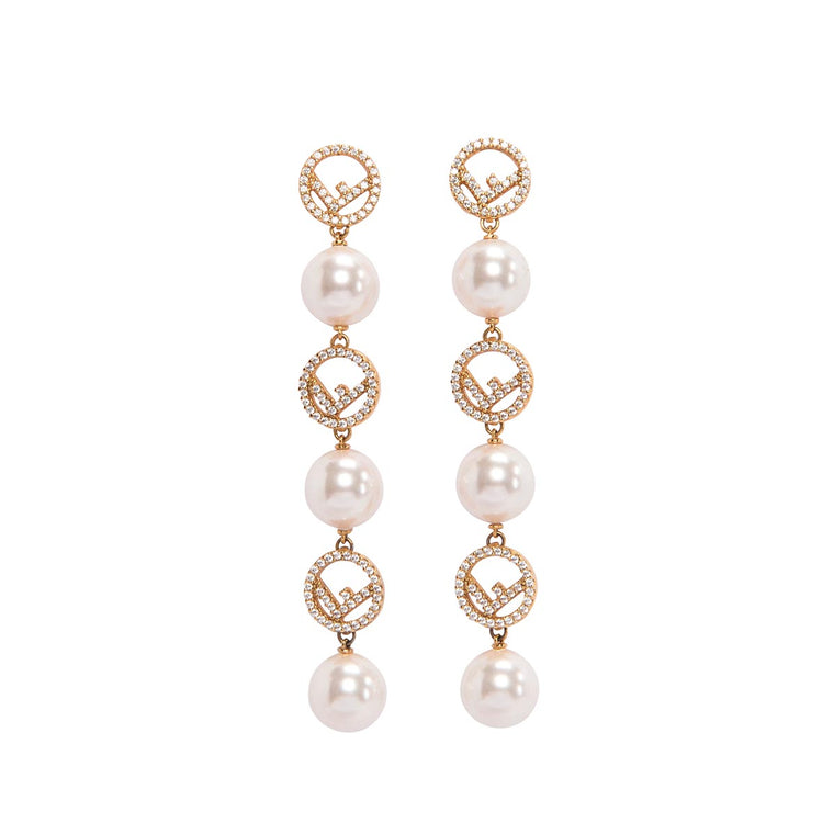 Fendi Gold Tone Crystal F Is Fendi Pearl Drop Earrings