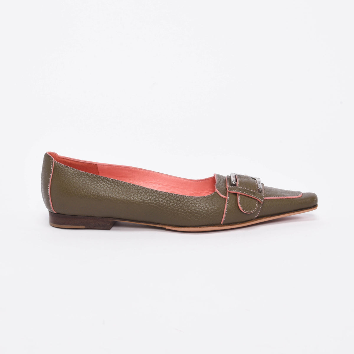 Loewe Khaki & Coral Calfskin Buckle Flats 36