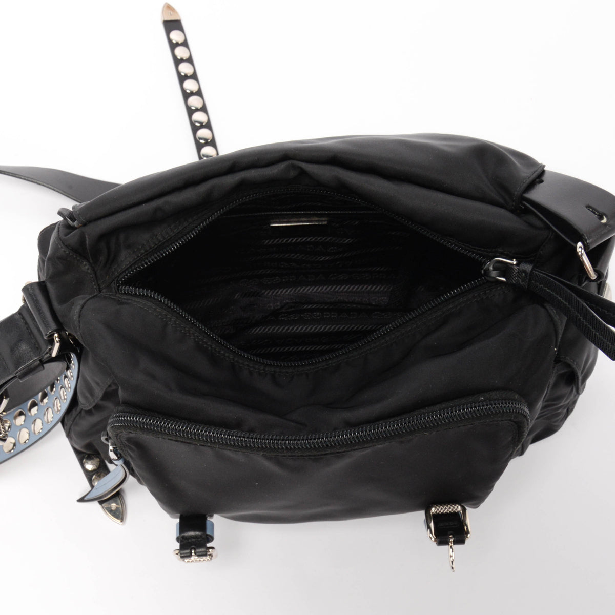 Prada Black Nylon New Vela Studded Messenger Bag