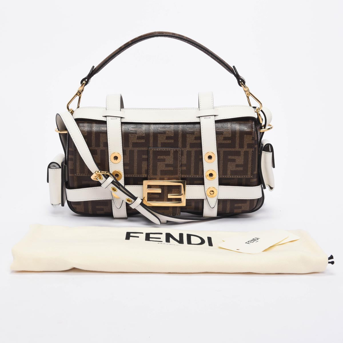 Fendi Tobacco & White Zucca Canvas Cage Baguette Bag
