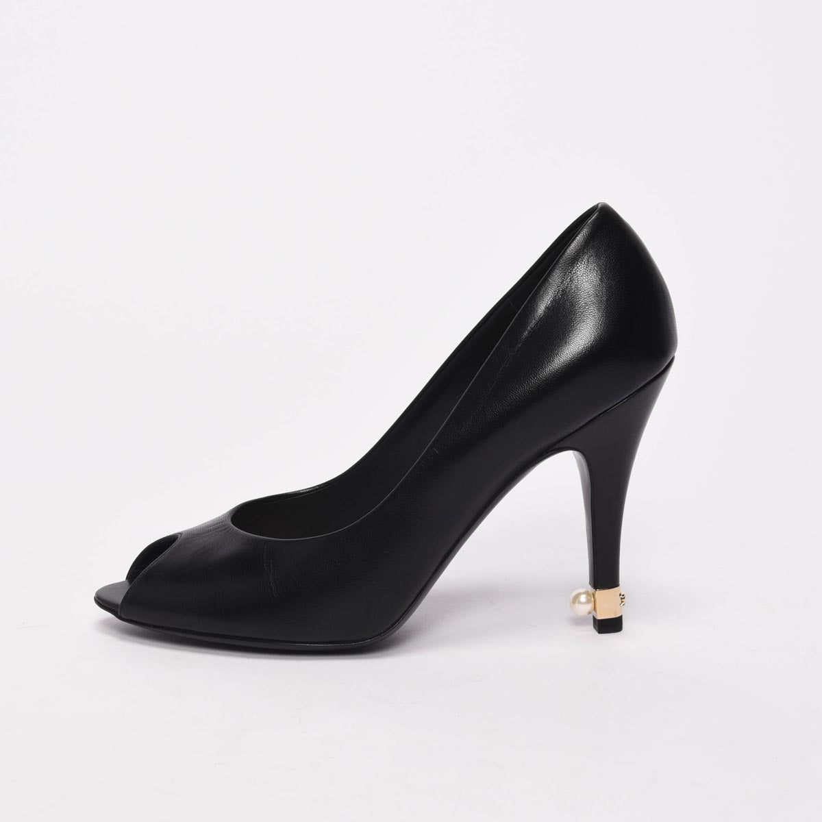 Chanel Black Lambskin Pearl Detail Peep Toe Pumps 37.5