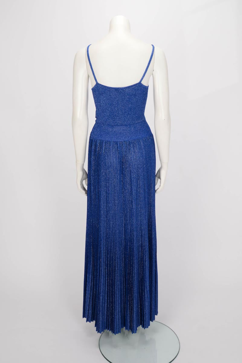 Chanel Blue Lurex Knit Pleated CC Maxi Dress FR 42