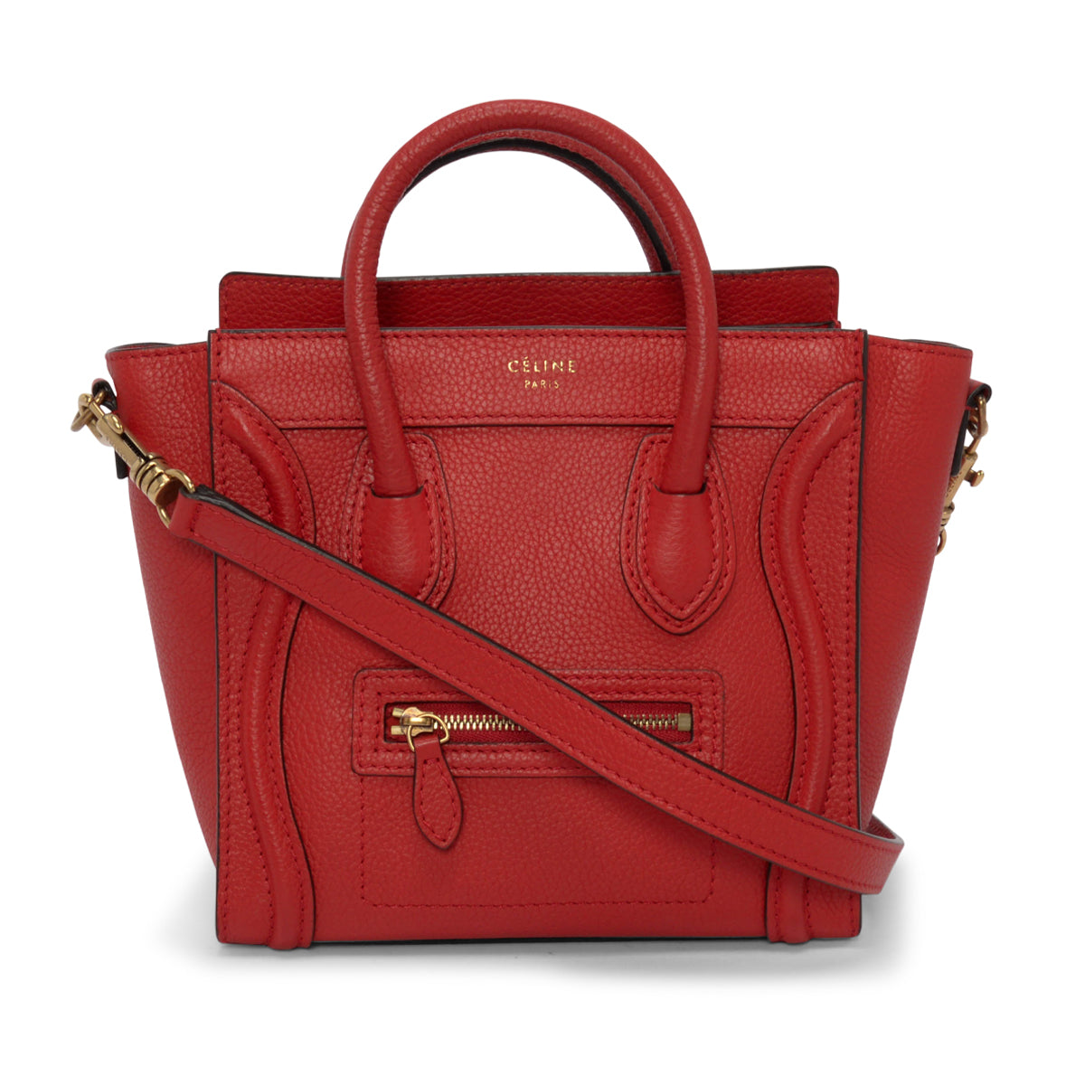 Celine Poppy Red Drummed Calfskin Micro Luggage Tote