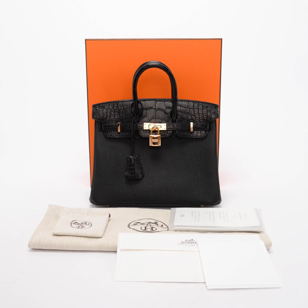 Hermes Black Togo & Alligator Mississippiensis Touch Birkin 25 RGHW