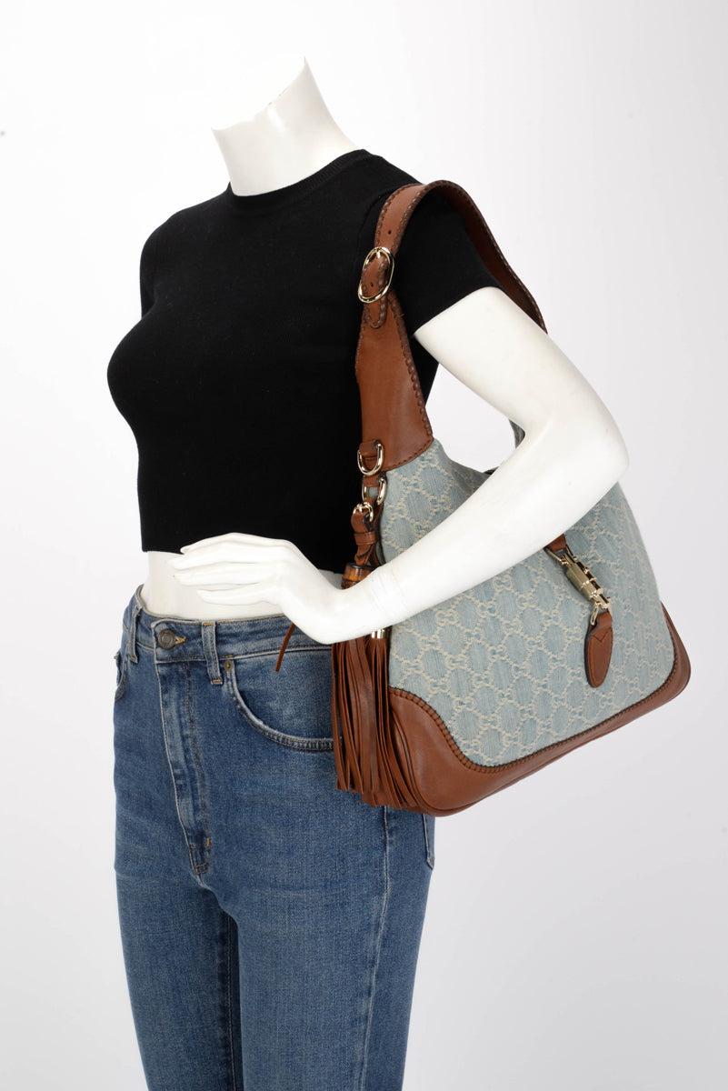 Gucci Tan Leather & GG Denim Medium New Jackie Bag