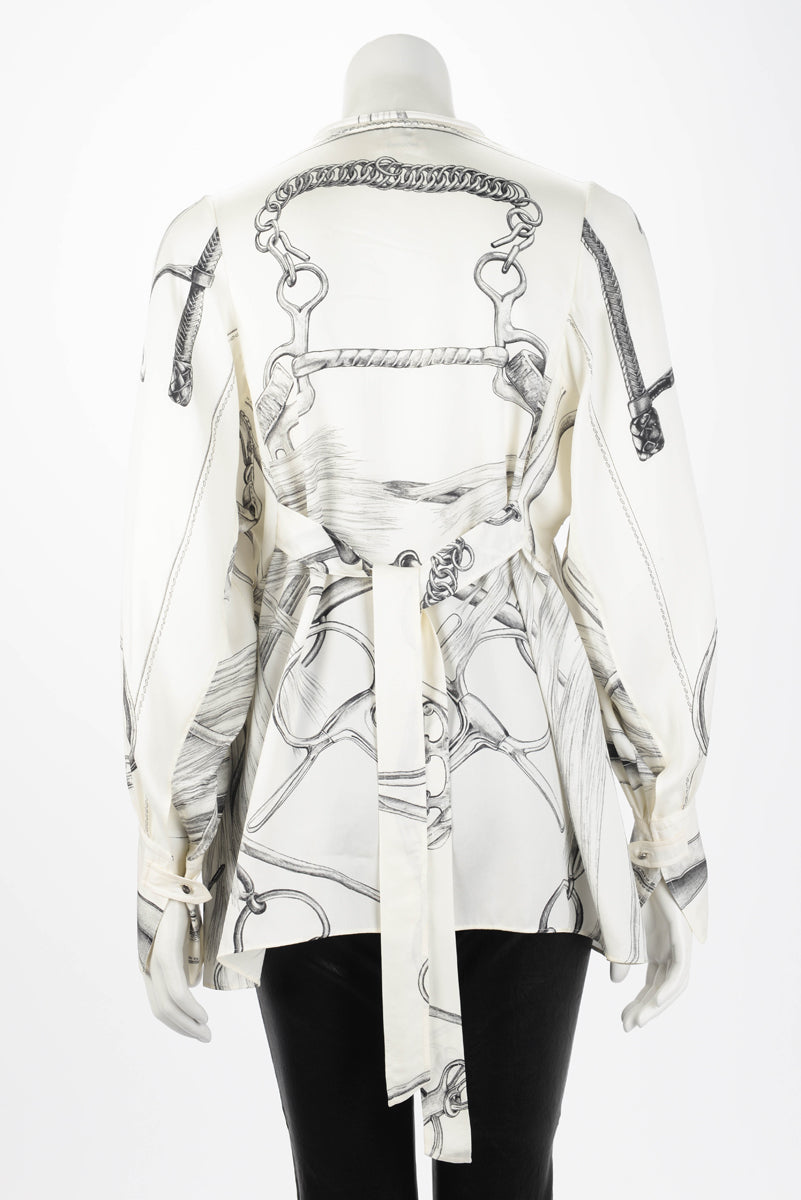 Hermes Blanc Casse Silk Project Carres Blouse FR 38