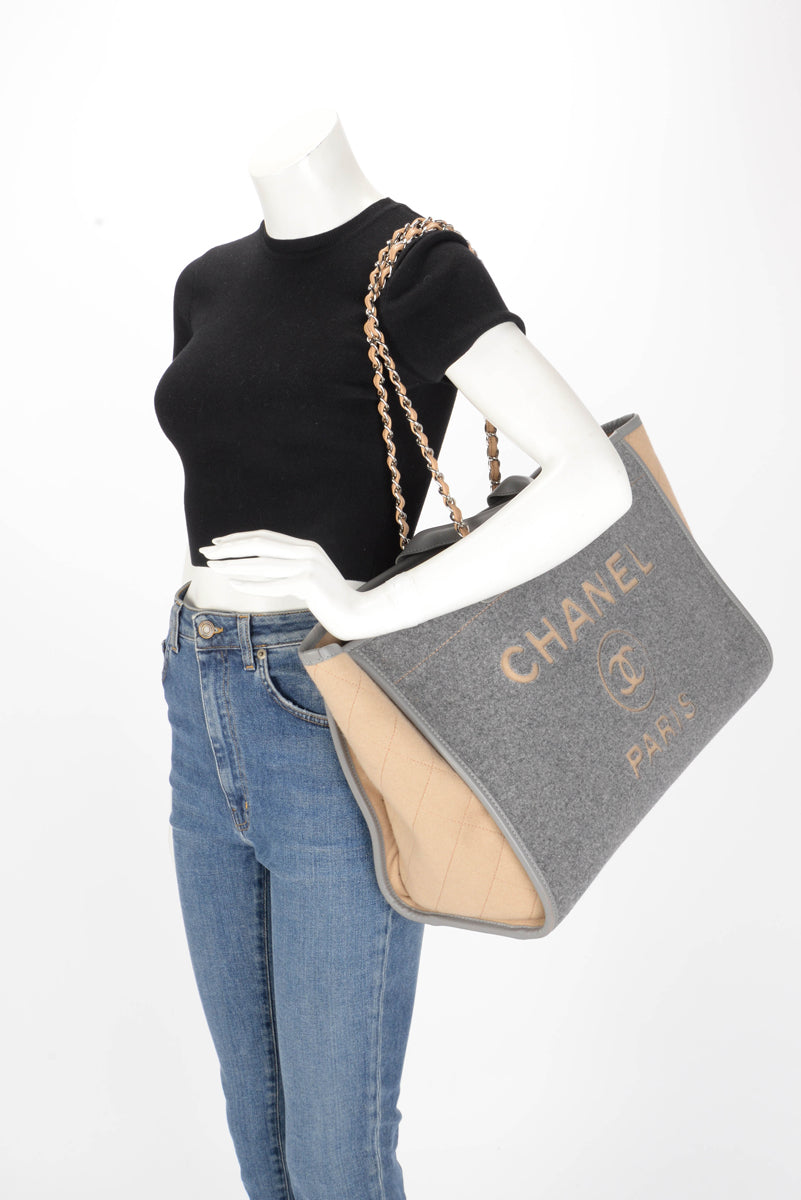 Chanel Grey & Beige Wool Felt Large Deauville Tote