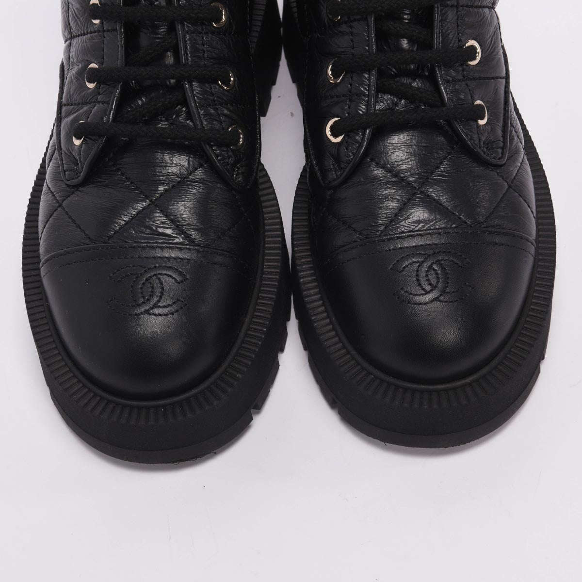 Chanel Black Distressed Calfskin Short Combat Boots 38.5
