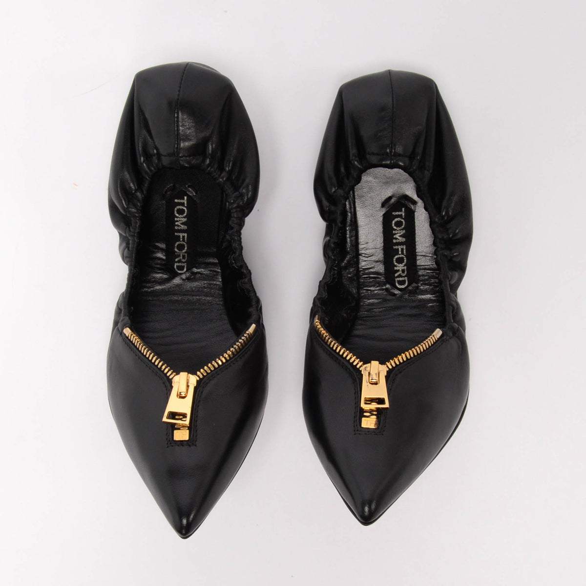 Tom Ford Black Leather Zip-Front Ballerina Flats 37