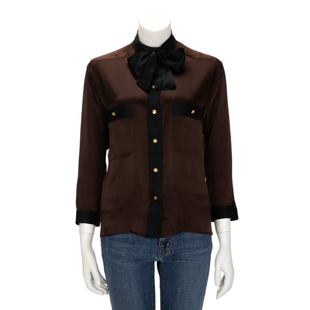 Chanel Brown Satin Tie Neck Blouse FR 38