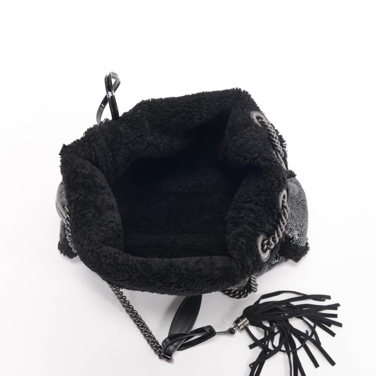 Gucci Black Patent Shearling Soho Chain Shoulder Bag