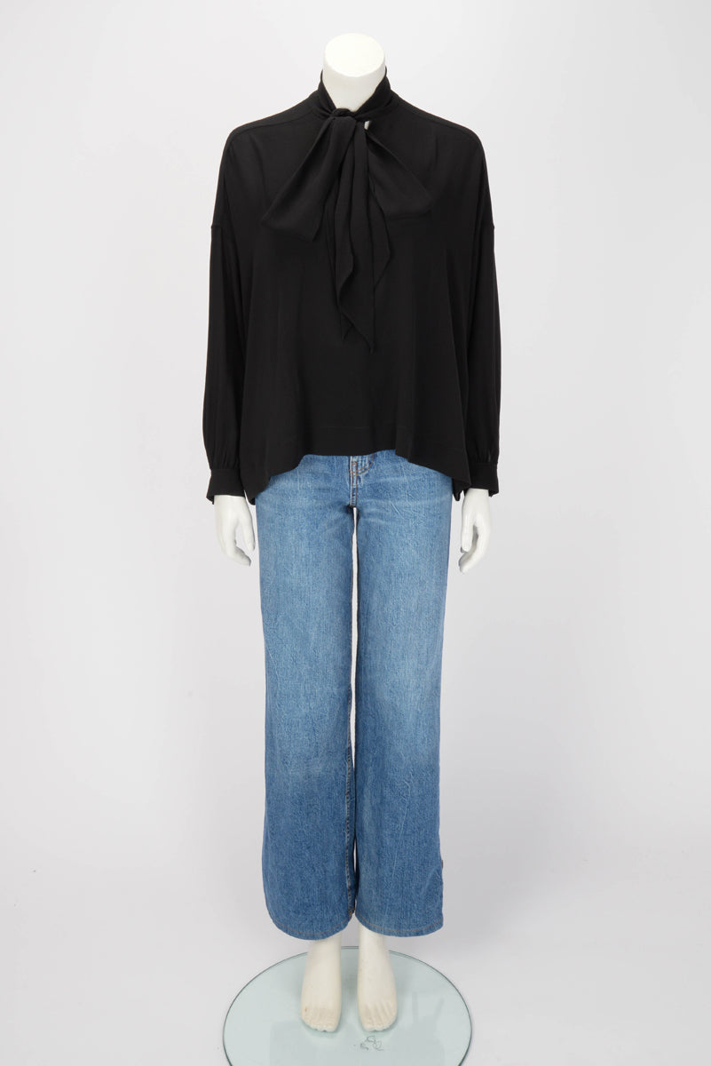 Balenciaga Black Silk Neck Tie Blouse FR 40