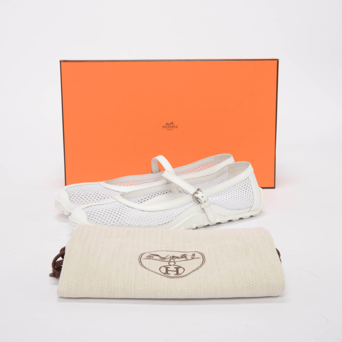 Hermes White Mesh & Calfskin Kichu Ballerina Flats 41