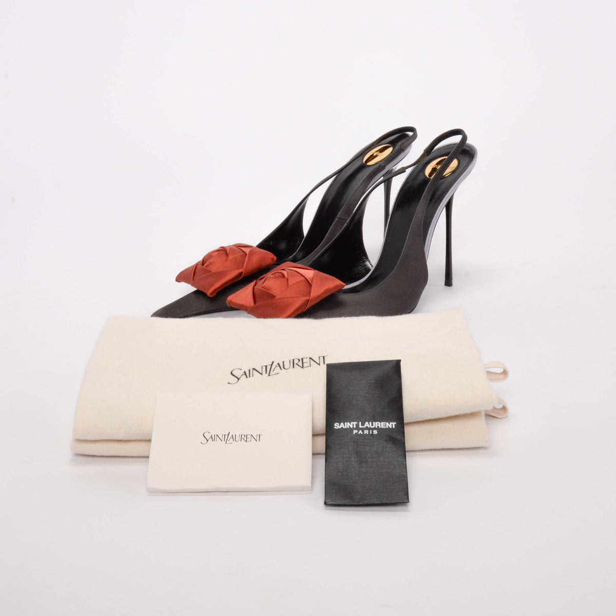 Saint Laurent Charcoal Satin Crepe Amalia Embellished Slingback Pumps 41