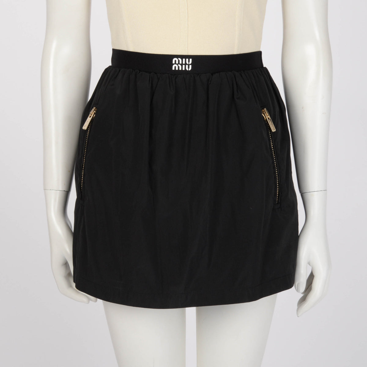 Miu Miu Black Technical Silk Logo Mini Skirt IT 36