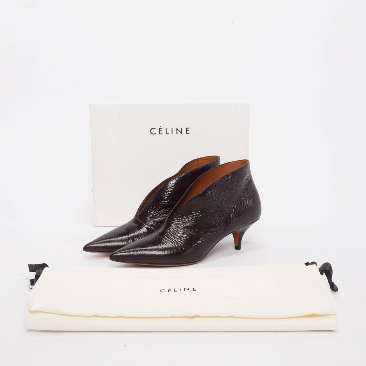 Celine Burgundy Crinkled Patent V-Neck Ankle Pumps 38