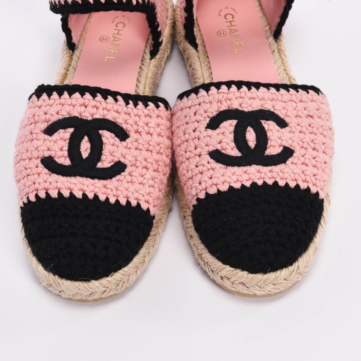 Chanel Pink & Black Crochet Knit CC Espadrilles 38.5