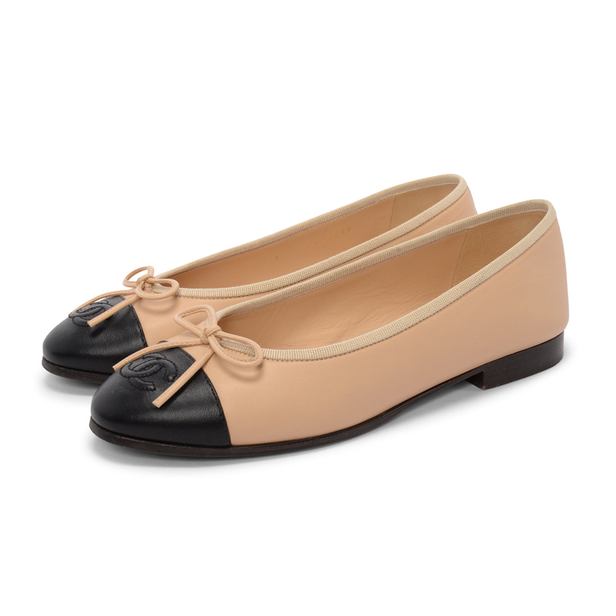 Chanel Beige & Black Lambskin CC Ballet Flats 36