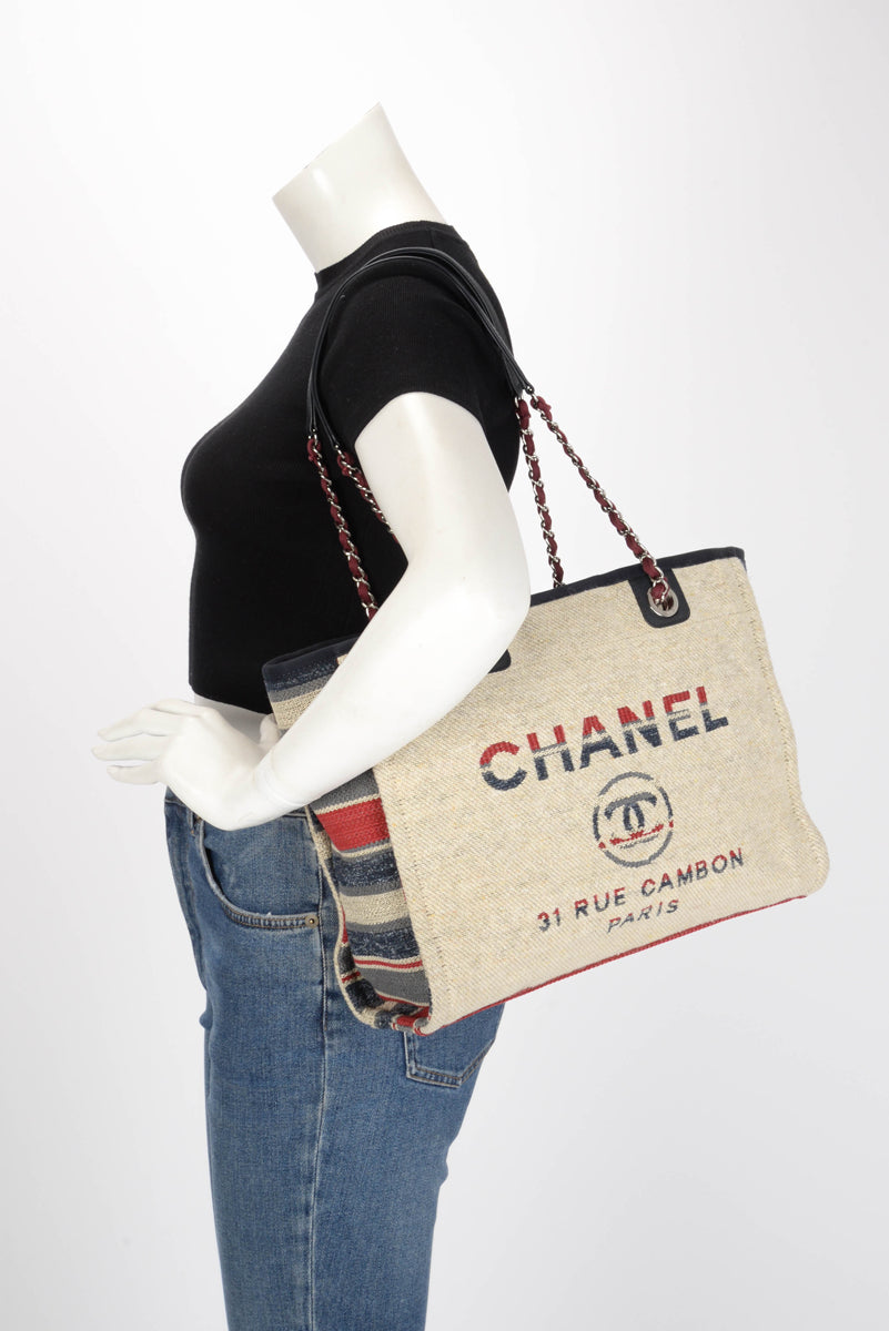 Chanel Beige Striped Canvas Medium Deauville Tote