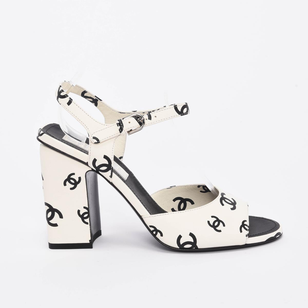 Chanel White & Black Lambskin CC Printed Sandals 38.5